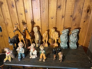 Mixed Carved Wood & Figurine Lot  Giraffes, Elephant, Busts, Children Figures