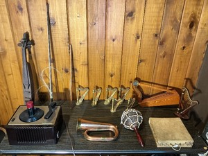 Vintage Musical Instrument Lot  Autoharp, Violin, Mini Harps, Record Player & More