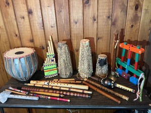 Vintage Folk Musical Instrument Lot  Drums, Flutes, Pan Pipes & Percussion