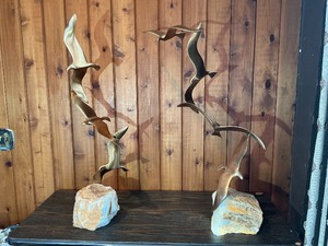Curtis Jere Metal Seagull Sculpture Pair  Brass Birds on Stone Bases
