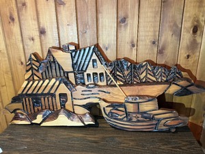 Hand-Carved Wooden Lakeside Cabin & Boat Wall Art