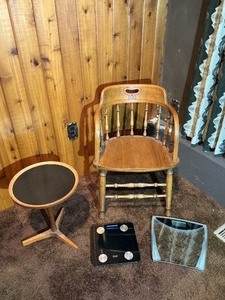 Mixed Household Lot Wooden Captains Chair, Side Table & Digital Scales