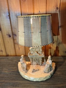 Hand-Carved Wooden Folk Art Table Lamp  Marcel Guay Atelier Quebec  Figural Fireplace Scene
