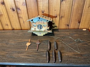 Vintage Swiss Chalet Cuckoo Clock  Wood Case  PartsRepair  Weights & Chains Included