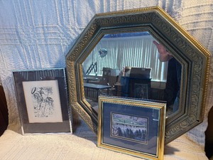 Vintage Wall Decor Lot  Ornate Mirror, Framed Art Prints (Dali, Golf Scene)