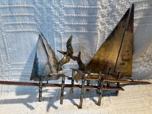 Signed Curtis Jere Mid Century Modern Brutalist Metal Wall Sculpture  Sailboats & Birds