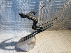 Signed Curtis Jere Bronze Skier Sculpture on Stone Base  Mid Century Modern