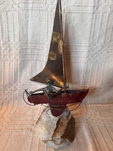 Signed Curtis Jere Sailboat Sculpture w Figure on Stone Base  Mid Century Modern