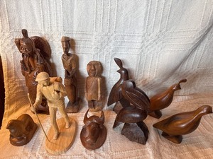 Vintage Hand Carved Wood Sculpture Lot  Birds, Folk Art Figures, Asian Carvings