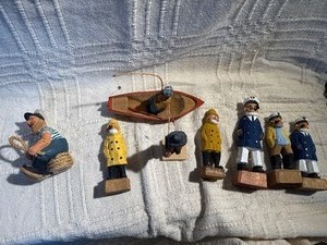 Vintage Scandinavian Hand Carved Wood Fisherman Scene w Boat  Nautical Folk Art Norway Sweden