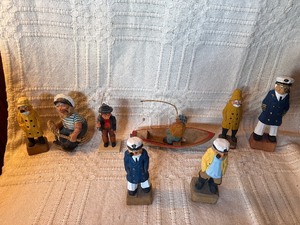 Vintage Scandinavian Hand Carved Wood Fisherman Scene w Boat  Nautical Folk Art Norway Sweden