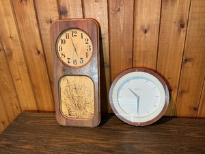 Vintage Wall Clock Lot  Wood Ship Scene Clock & Modern Swatch Clock (2 Pieces)
