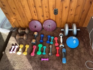 Large Mixed Dumbbell & Home Fitness Weight Lot w Case  Plates, Hand Weights, Medicine Ball