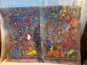 Pair Hand Painted Mexican Amate Bark Paintings  Folk Art Birds & Animals  Tree of Life Style