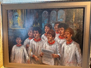 Vintage Signed Oil Painting  Choir Boys Singing in Church  Candlelight Scene  Framed 32x24