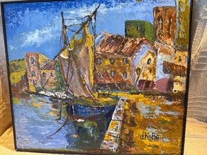 Vintage Oil Painting  Harbor Fishing Boat Scene  Heavy Texture Impasto  Framed