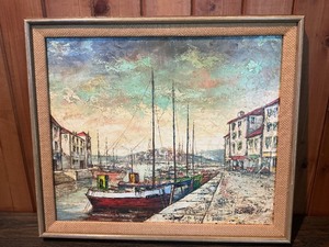 Vintage Signed Harbor Scene Painting  Framed Nautical Cityscape w Boats