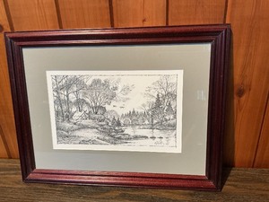 Framed Black & White Landscape Print  River Cabin Scene  Signed