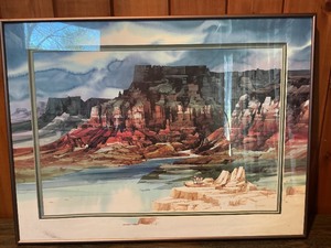 Framed Southwestern Canyon Landscape Print  Desert Cliff & River Scene