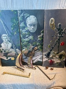 Vintage Musical Wall Art Triptych w Metal Sailboats & Brass Decor  Violin, Mozart, Clarinet Theme