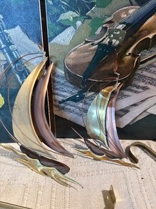 Vintage Musical Wall Art Triptych w Metal Sailboats & Brass Decor  Violin, Mozart, Clarinet Theme