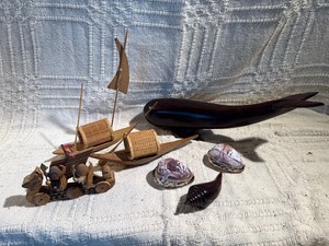 Nautical Wood Dcor Lot  Hand Carved Whale, Boats, Shells & Folk Art Pieces