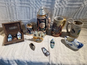 German Beer Steins, Delft Shoe, Inlay Wood Box & Souvenir Collectibles Lot