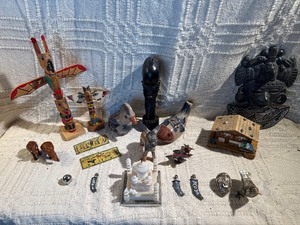 Tribal, Folk Art & Global Collectibles Lot  Carvings, Inlay, Music Box & Dcor