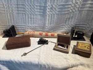 Asian Decor & Carved Wood Lot  Inlay Boxes, Bookends, Parasol & Desk Pieces