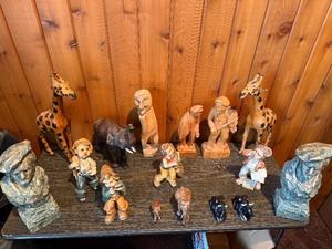 Large Hand Carved Folk Art Collection  African Safari Animals, Signed Musicians, Western Busts, Tribal Carvings & Figurines, Walker 1974 Busts