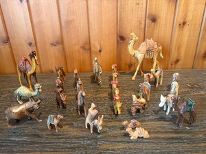Vintage Hand-Carved Wooden Camel & Caravan Figurine Lot  Miniature Animals