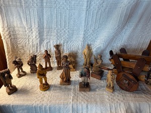 Large Vintage Hand-Carved Wood Folk Art Figure Collection  Musicians, Workers, Rustic Carvings & Decorative Wagon  Estate Lot