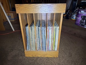 Wooden Vinyl Record Holder with Assorted Records