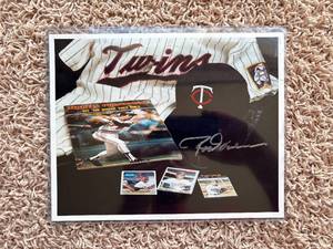 Rod Carew Autographed 8x10 Photograph Featuring Twins Equipment and Carews Iconic Baseball Cards, Autograph is Certified Authentic and Comes With Certificate