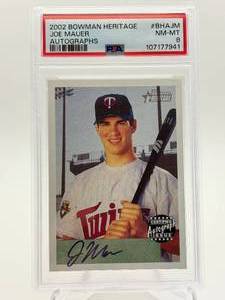 2002 Bowman Heritage Joe Mauer Autographed Card PSA Graded 8 Near Mint-Mint, Minnesota Twins Legend and MLB Hall of Fame