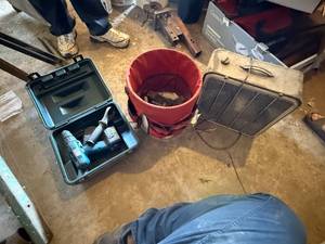 TOOL BUCKET, LEVEL AND VARIOUS TOOLS, FAN AND CORDLESS DRILL.