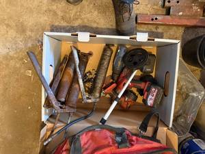 MILWAUKEE CORDLESS SAW, FLASHLIGHT, FALRING TOOLS, GREASE GUN, MEASURING WHEEL