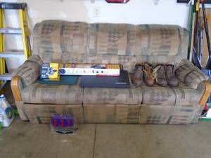 80� couch with recliners on both ends & all contents shown. Must take everything. will be paid $25.00 to bid As shown.