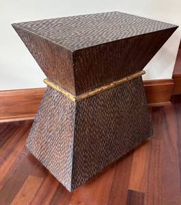 Mid-Century Style Woven Wood Accent Table with Gold Band Trim
