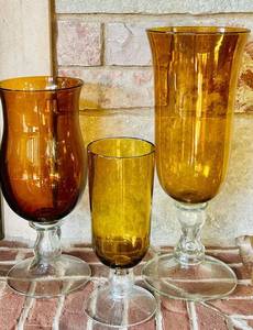 LR - Set of 3 Amber Glass Pedestal Vases