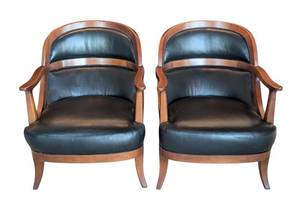 UL - Thomasville Wood and Black Leather Armchairs (Pair)