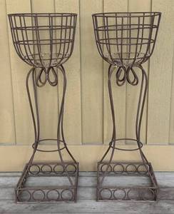 Pair of Wrought Iron Planters on Stands - Patina Finish