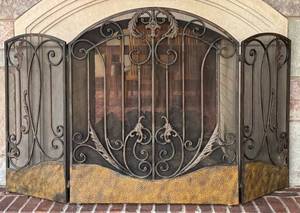 Ornate Three-Panel Wrought Iron Fireplace Screen with Scrollwork