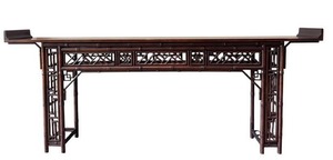 Asian-Inspired Bamboo Console Table with Lattice Panels and Carved Details