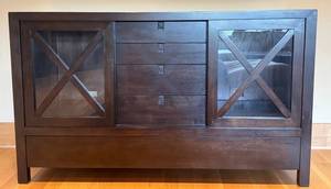 Wood Credenza Media Cabinet with Glass Doors and 3 Drawers