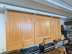Oak Kitchen Wall Cabinets with Overhead Rails - Natural Finish