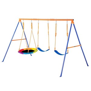 SVOPES 600 lbs. Swing Set for Backyard Metal Outdoor Swing Set w 3 Seats (1 Saucer Plus 2 Belt) Heavy Duty A-Frame Metal Frame