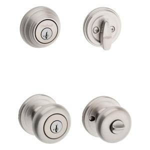 Kwikset Juno Satin Nickel Exterior Entry Door Knob and Single Cylinder Deadbolt Combo Pack Featuring SmartKey Security