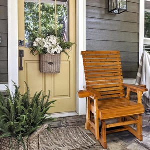 Solid Fir Wood Outdoor Glider with High Back, Deep Contoured Seat and Cup Holders, All-Weather Resistant, Brown