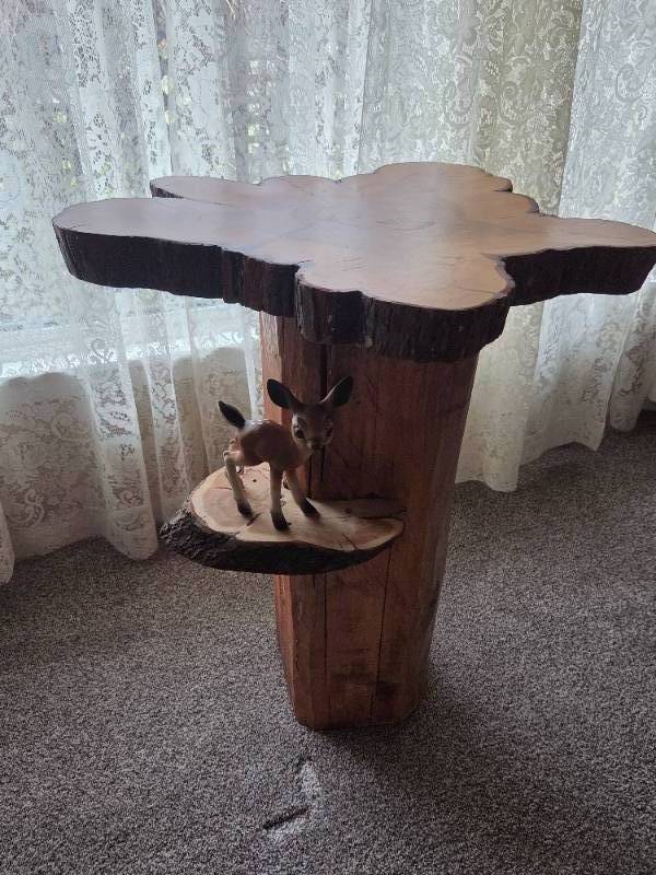 Wooden tree trunk plant stand W baby deer figure